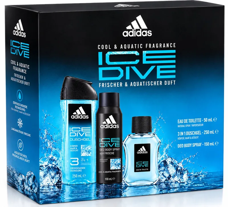 Ice Dive Geschenkset Heren – Eau de Toilette 50 ml + Douchegel 250 ml + Deodorant Body Spray 150 ml – 3-delige Geschenkset von Adidas – Produktfoto