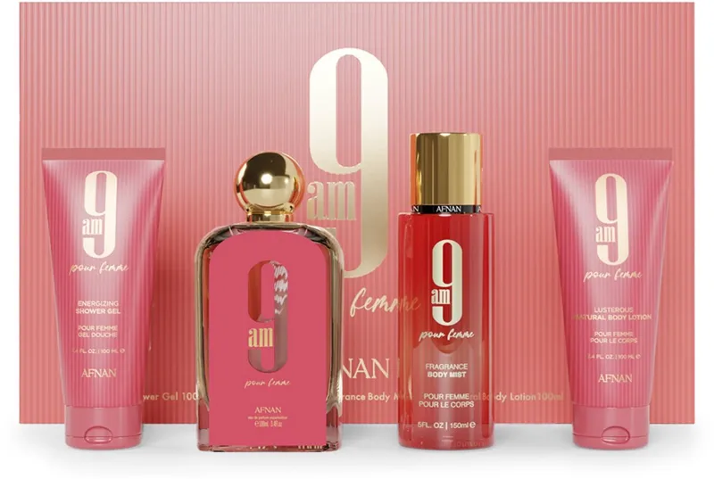 AFNAN 9AM POUR FEMME DÁRKOVÁ SADA EDP 100 ML, SPRCHOVÝ GEL 100 ML, TĚLOVÝ ZÁVOJ 150 ML A TĚLOVÉ MLÉKO 100 ML 100ML fra Afnan – produktbillede