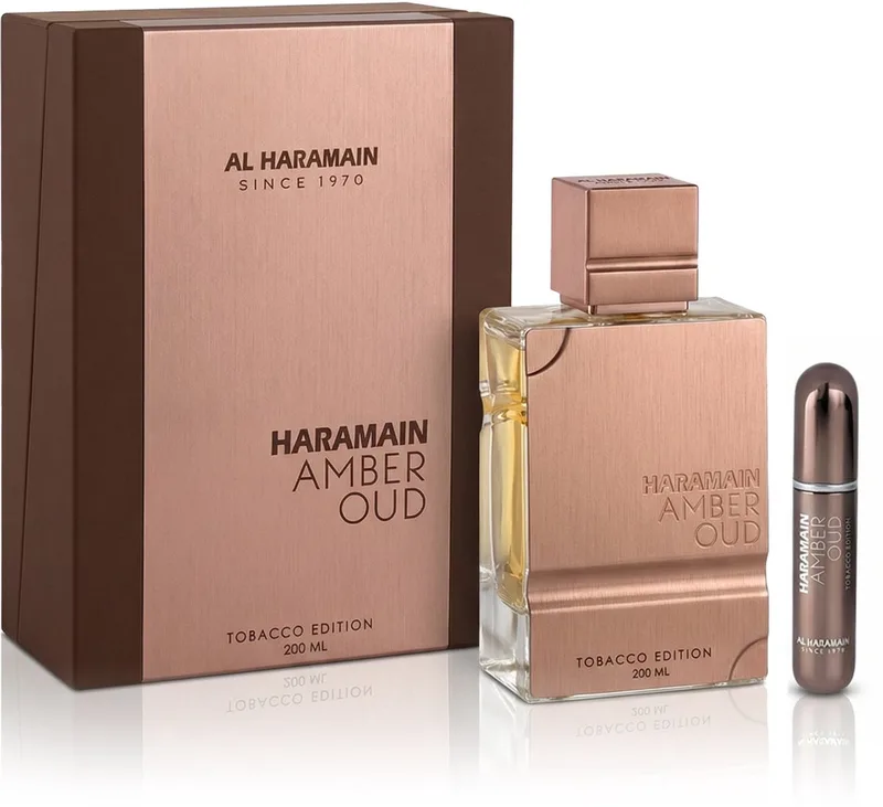 Amber Oud Tobacco Edition EDP + Pocket Spray Refillable (unisex) fra Al Haramain i Guld, 200 ml – produktbillede