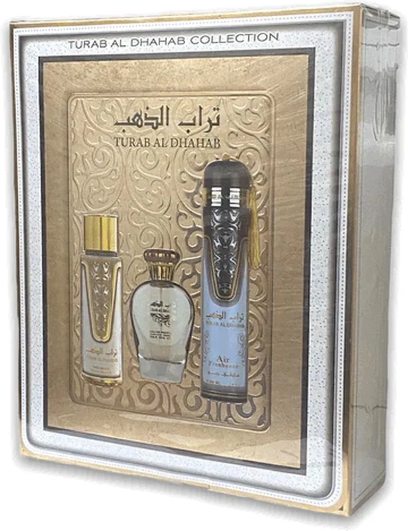 Turab Al Dhahab Gift Set 100ml EDP + 250ml Body Mist + 300ml Air Freshener von Ard Al Zaafaran – Produktfoto