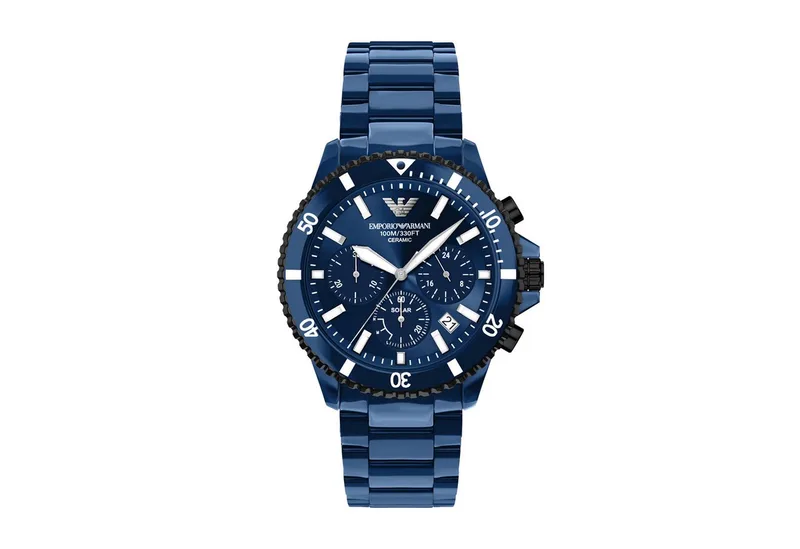 Chronograph WORLD EXPLORER AR70024, Armbanduhr, Solar, Keramik, analog, Tag, Stoppfunktion by Giorgio Armani in Blue – product photo