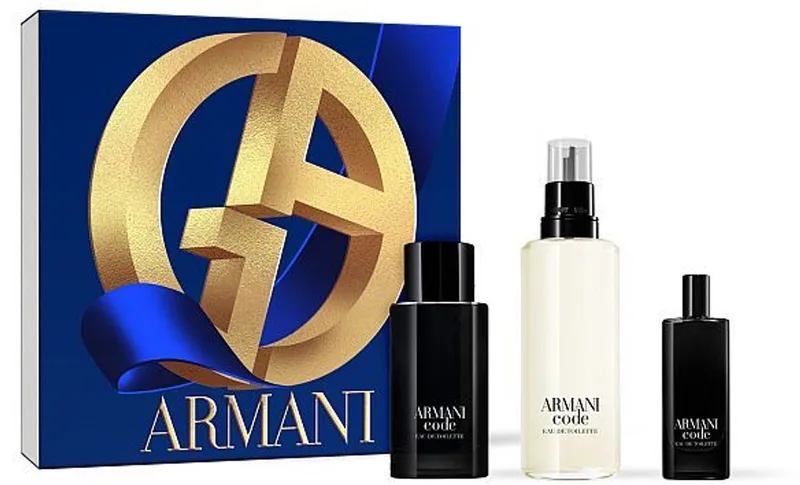 Code Homme Giftset - 75 ml hervulbare eau de toilette spray + 15 ml eau de toilette spray + 150 ml eau de toilette navulling - cadeauset voor heren fra Giorgio Armani – produktbillede