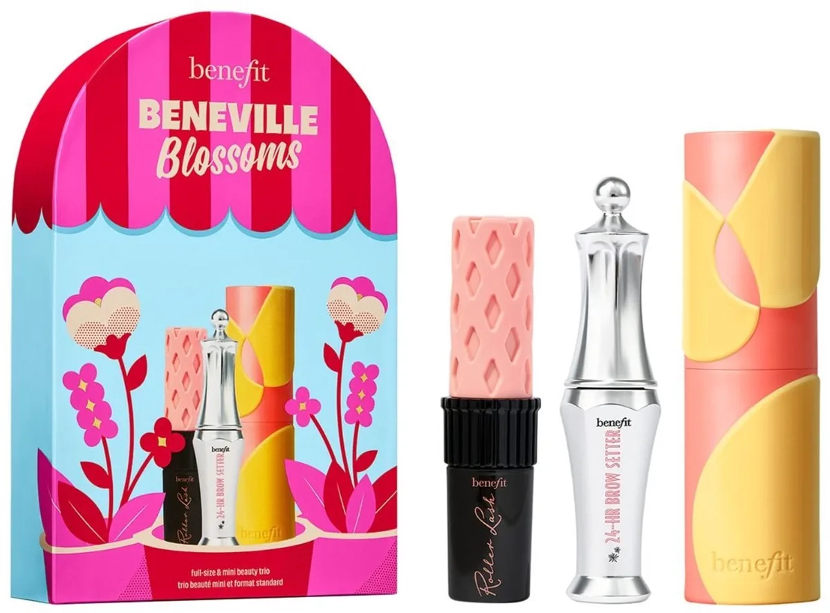 Beneville Blossoms - Juice Stick blush, Roller Lash mascara en Brow Setter - Make-up Cadeauset von Benefit – Produktfoto
