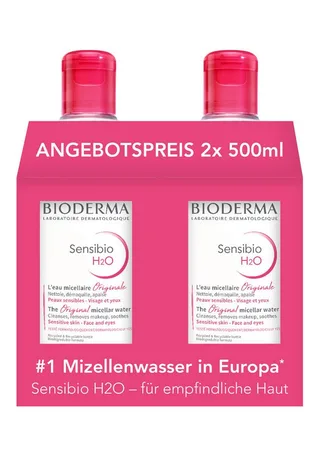 Make-up-Entferner Sensibio H2O Mizellenreinigungswasser: 2x500ml zum Angebotspreis, Reinigung, Make-up-Entferner, Gesichtswasser - 3 in 1 van Bioderma – productfoto 1 van 4