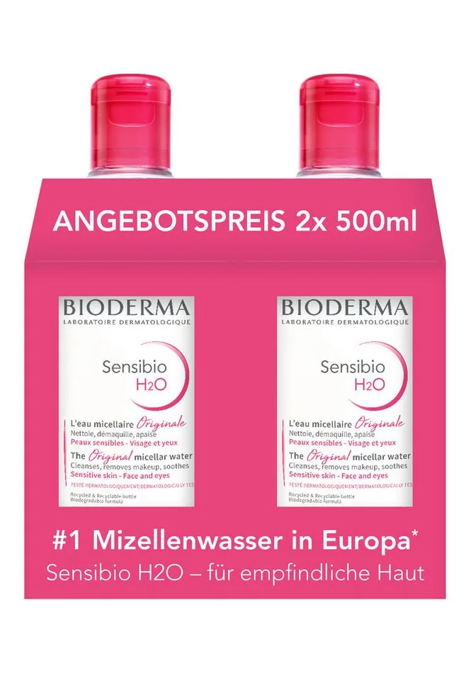 Make-up-Entferner Sensibio H2O Mizellenreinigungswasser: 2x500ml zum Angebotspreis, Reinigung, Make-up-Entferner, Gesichtswasser - 3 in 1 van Bioderma – productfoto 1 van 4