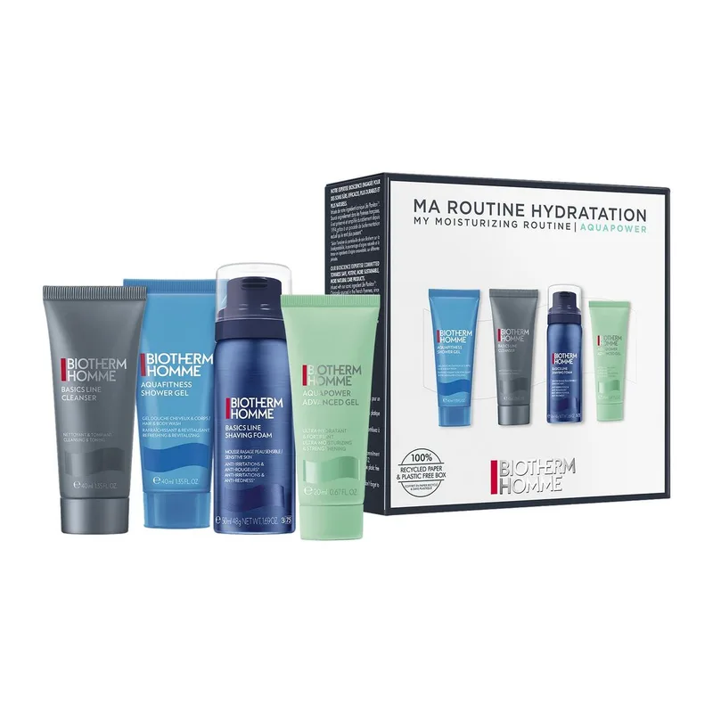 Aquapower Starter Kit (Duschgel 40ml + Rasierschaum 50ml + Gesichtsgel 20ml + Cleanser 40ml) fra Biotherm – produktbillede