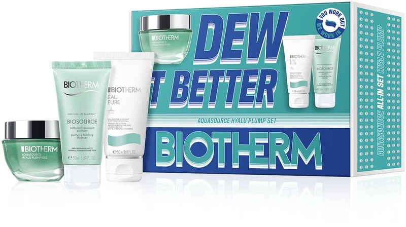 Skin Fitness Set Voor Vrouwen: DEW IT BETTER – AQUASOURCE HYALU PLUMP SET, Complete Hydratatie Routine met Aquasource Hyalu Plump Gel 50ml, Biosource Purifying Foaming Cleanser 50ml, Eau Pure Shower Gel 50ml by Biotherm in 50 ml – product photo