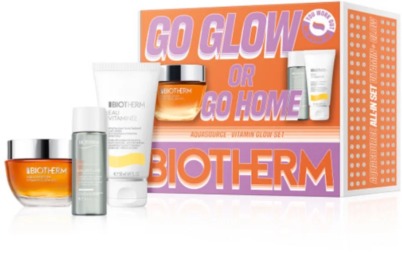 Skin Fitness Set Voor Vrouwen: GO GLOW OR GO HOME – AQUASOURCE+ VITAMIN GLOW SET, Complete Brightening Routine met Aquasource+ Vitamin Glow Gel 50ml, Biosource Eau Micellaire 30ml, Eau Vitaminée Body Milk 50ml by Biotherm – product photo
