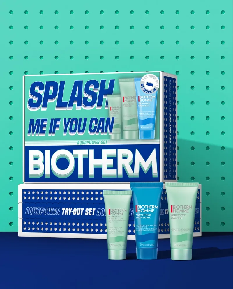 Skin Fitness Try-Out Set Voor Mannen: SPLASH ME IF YOU CAN – AQUAPOWER SET, Complete Hydratatie Routine met Aquapower Advanced Gel 20ml, Aquapower Cleanser 40ml, Aqua Fitness Shower Gel 40ml de Biotherm – photo du produit