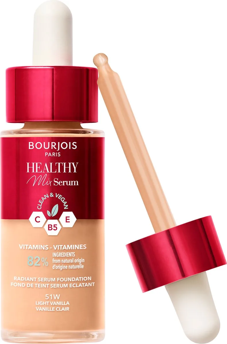 Healthy Mix - 51 - Light Vanilla, Serum Foundation, laat de huid onmiddellijk stralen, hydrateert tot 24 uur lang, vegan formule, dauwachtige finish, houdt de hele dag lang, 30 ml van Bourjois in 51W Light Vanilla – productfoto