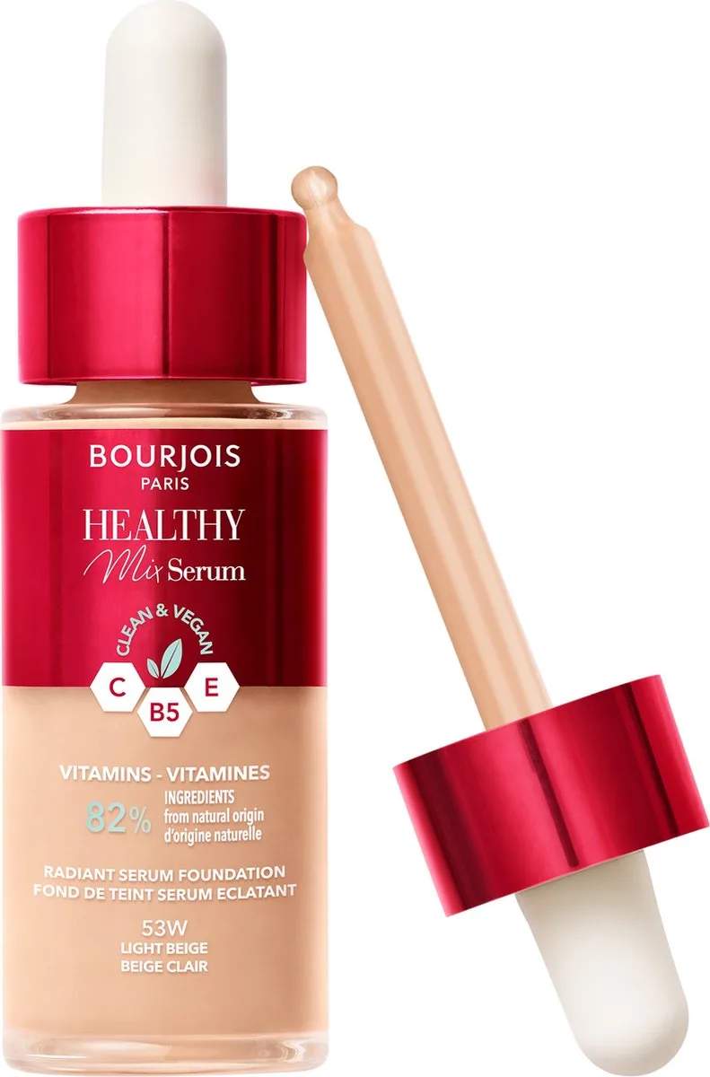 Healthy Mix - 53W - Light Beige, Serum Foundation, laat de huid onmiddellijk stralen, hydrateert tot 24 uur lang, vegan formule, dauwachtige finish, houdt de hele dag lang, 30 ml van Bourjois in 53W Light Beige – productfoto
