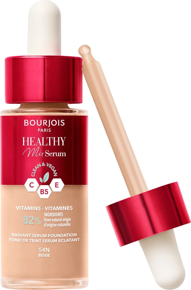 Healthy Mix - 54N - Beige, Serum Foundation, laat de huid onmiddellijk stralen, hydrateert tot 24 uur lang, vegan formule, dauwachtige finish, houdt de hele dag lang, 30 ml van Bourjois in 54N Beige – productfoto