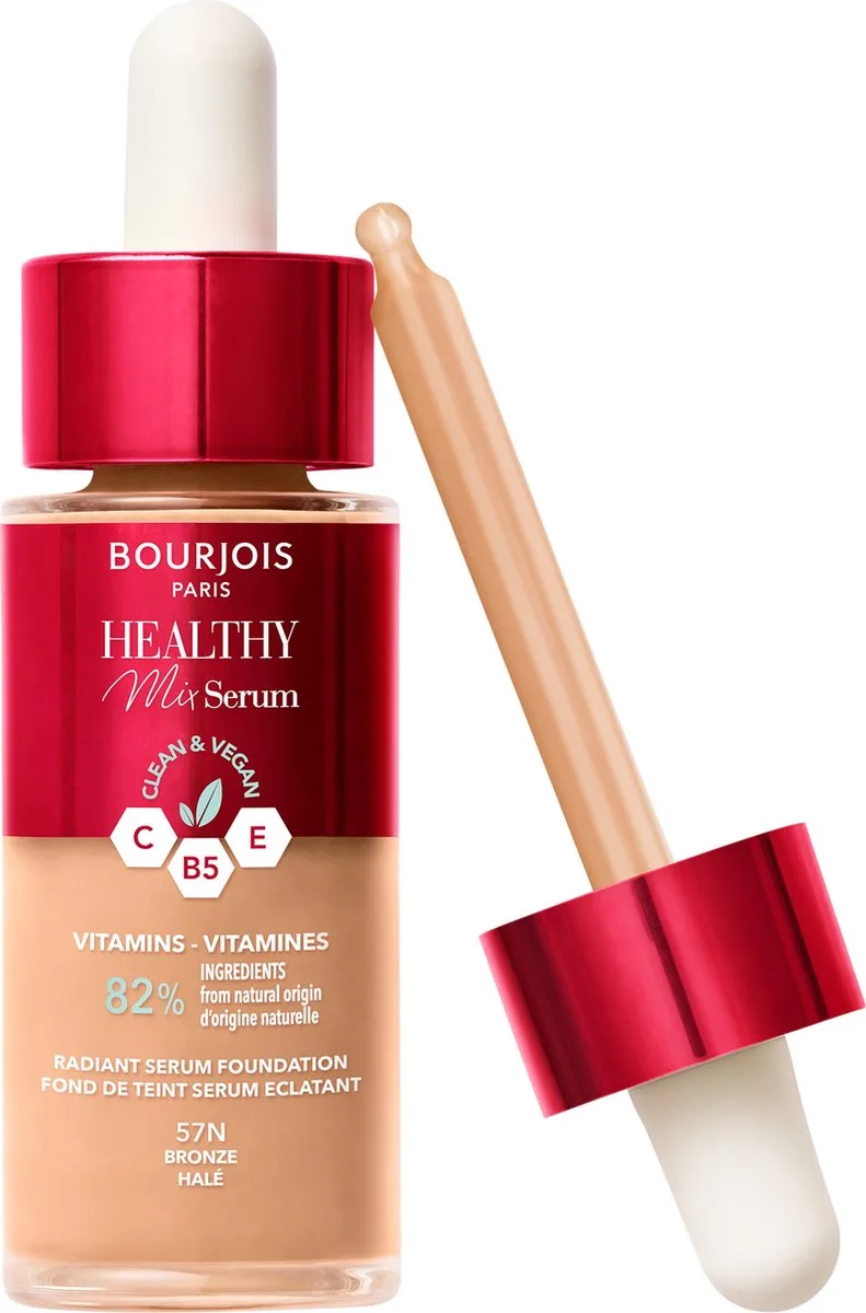 Healthy Mix - 57N - Bronze, Serum Foundation, laat de huid onmiddellijk stralen, hydrateert tot 24 uur lang, vegan formule, dauwachtige finish, houdt de hele dag lang, 30 ml van Bourjois in 57N Bronze – productfoto