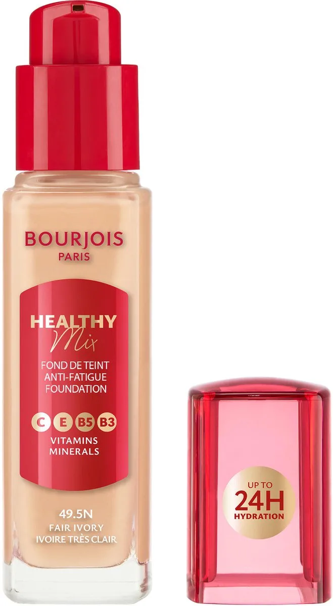 Healthy Mix Anti-Fatigue Foundation | Voor een frisse, gezond ogende huid | Met mineralen en vitamine C, E, B3, B5 | Langhoudende, medium dekking | 49,5N Fair Ivory, 30 ml von Bourjois in 49.5N Fair Ivory – Produktfoto