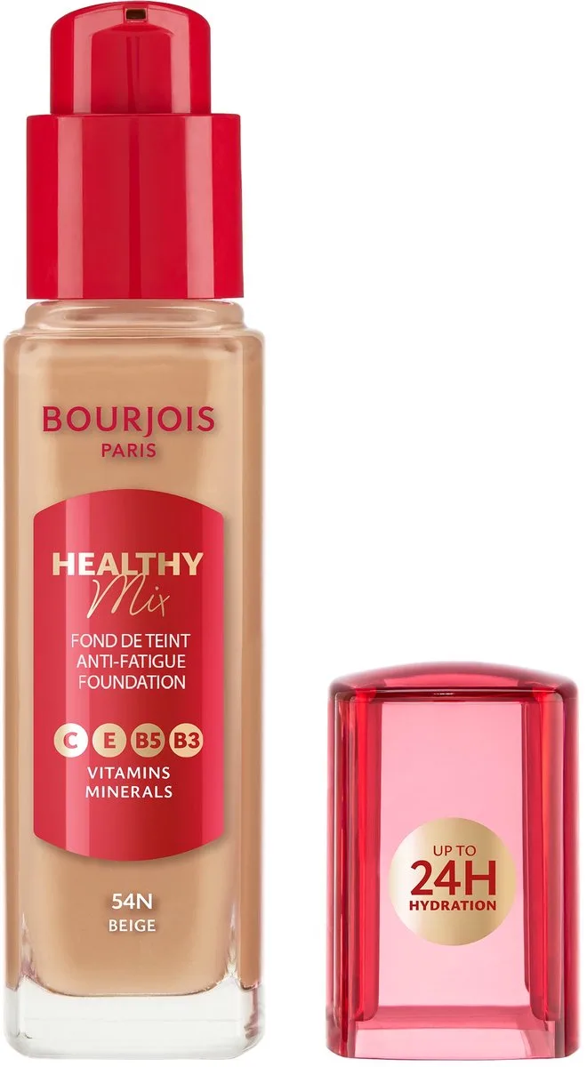 Healthy Mix Anti-Fatigue Foundation | Voor een frisse, gezond ogende huid | Met mineralen en vitamine C, E, B3, B5 | Langhoudende, medium dekking | 30 ml von Bourjois in 57N Bronze – Produktfoto