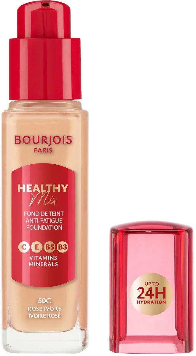 Healthy Mix Anti-Fatigue Foundation | Voor een frisse, gezond ogende huid | Met mineralen en vitamine C, E, B3, B5 | Langhoudende, medium dekking | 30 ml von Bourjois in 50C Rose Ivory – Produktfoto