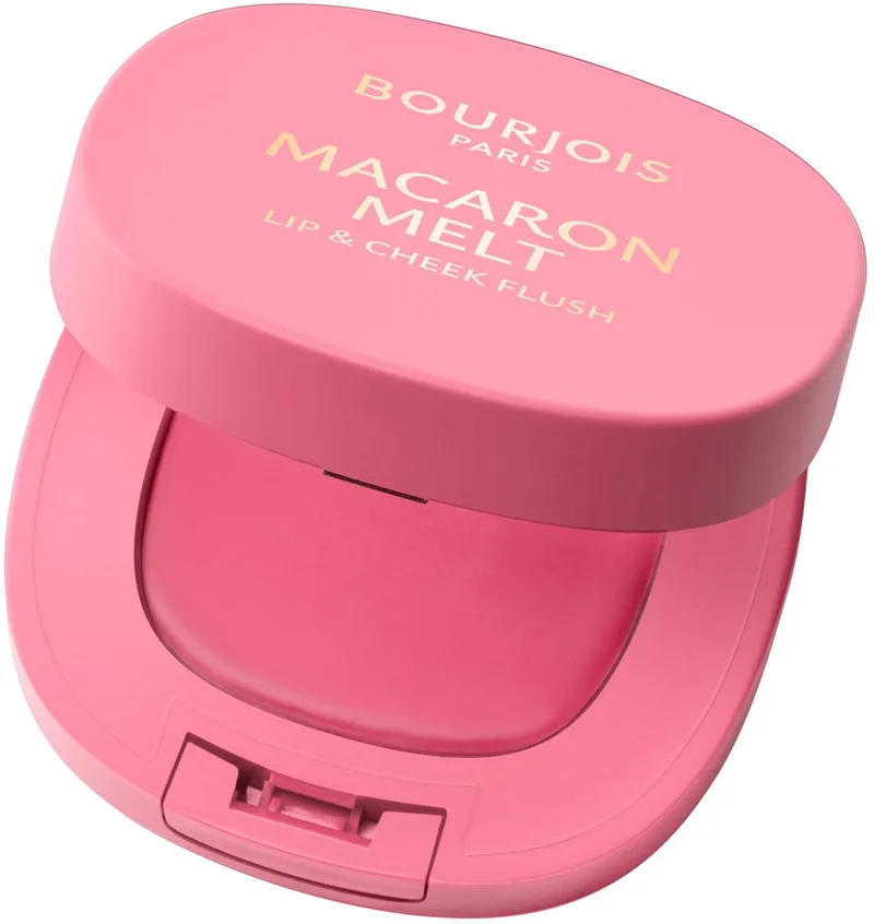 Macaron Melt Lip & Cheek Flush, 1 Macarose, blush, veerkrachtige crèmetextuur die tot poeder transformeert, fluweelzachte, lichtgewicht formule, rijke kleur, vervagende finish, spiegeltje inbegrepen, 8 g van Bourjois in 001 Macarose – productfoto