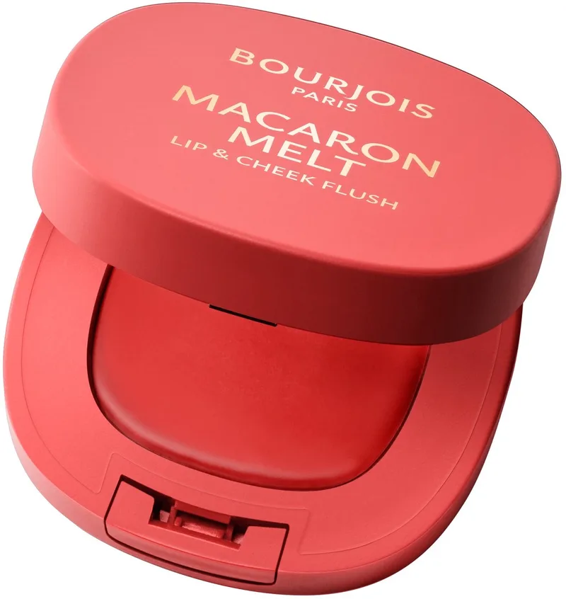 Macaron Melt Lip & Cheek Flush, 3 Peach Tatin, blush, veerkrachtige crèmetextuur die tot poeder transformeert, fluweelzachte, lichtgewicht formule, rijke kleur, vervagende finish, spiegeltje inbegrepen, 8 g van Bourjois in 003 Peach Tatin – productfoto