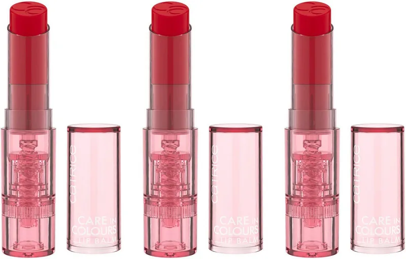 Lippenbalsam Care In Colours Lip Balm, 3-tlg., mit Shea- und Kakaobutter von Catrice in Rot – Produktfoto 1 von 4