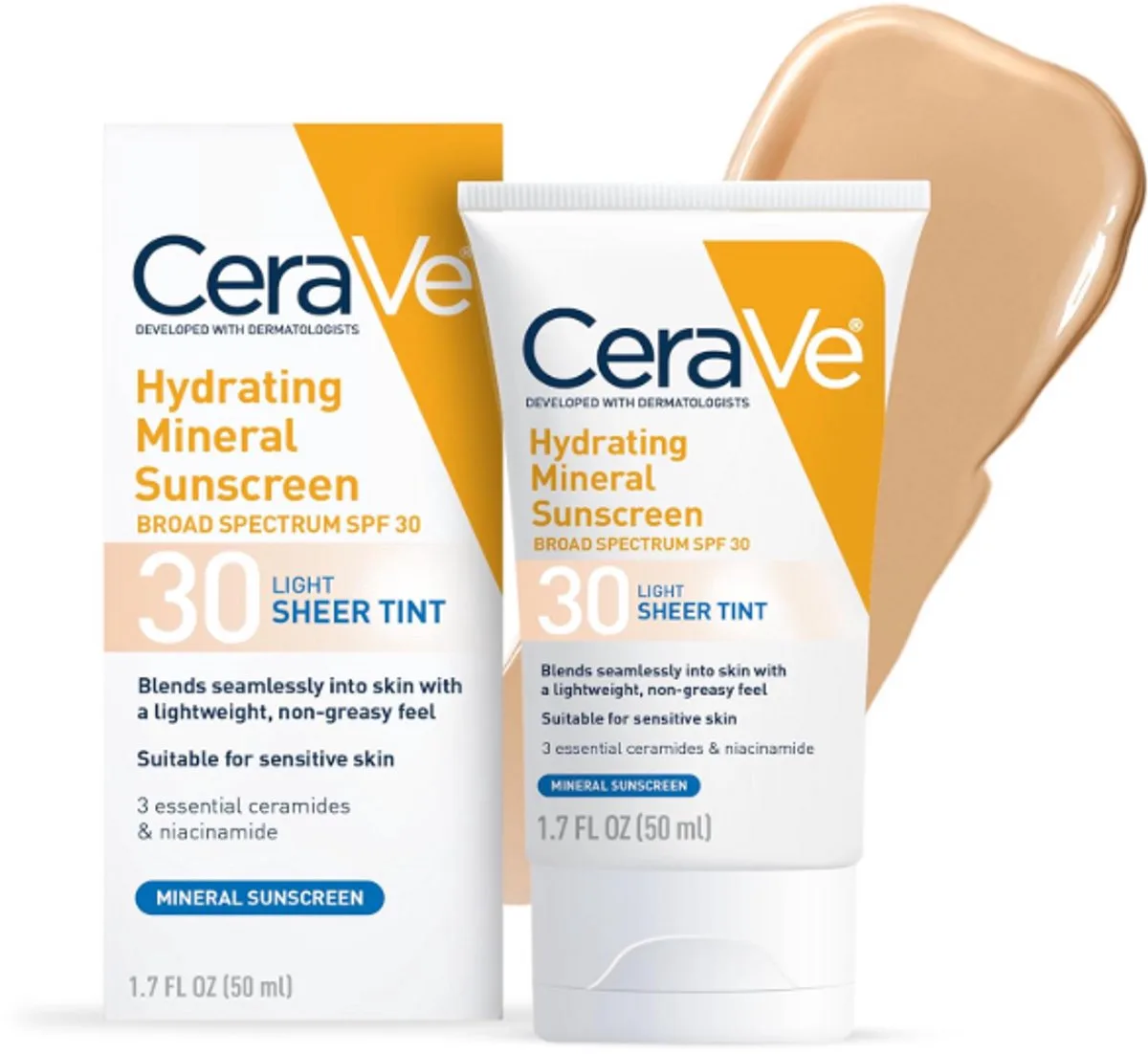 Hydrating Mineral Sunscreen SPF 30 Light – Getinte Minerale Zonnebrandcrème met Zinkoxide & Titaniumdioxide – Hydraterend & Natuurlijke Glow by CeraVe in 50 ml – product photo