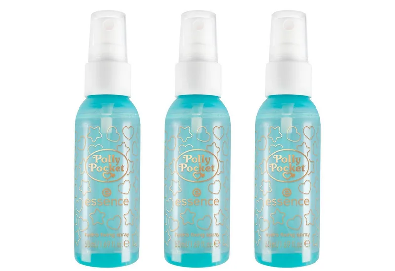 Fixierspray Polly Pocket hydro fixing spray, 3-tlg., Revitalisiert die Haut mit einem Sprühstoß, langanhaltender Glow-to-go fra essence i Hvid – produktbillede 1 af 3