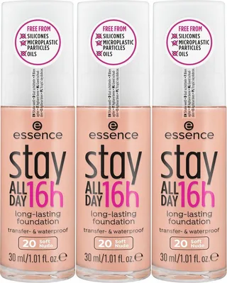 Foundation STAY ALL DAY 16H LONG LASTING FOUNDATION, 3-tlg., mit wasserfester Textur für ein ebenmäßiges, mattes Finish fra essence i Brun – produktbillede 1 af 5