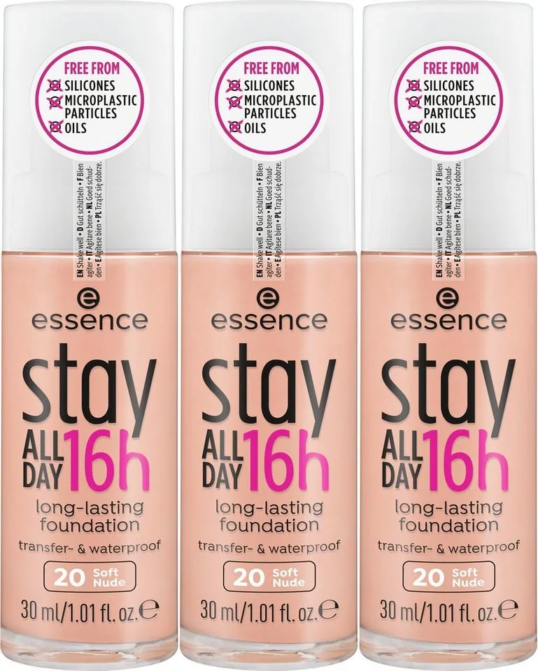 Foundation STAY ALL DAY 16H LONG LASTING FOUNDATION, 3-tlg., mit wasserfester Textur für ein ebenmäßiges, mattes Finish fra essence i Brun – produktbillede 1 af 5