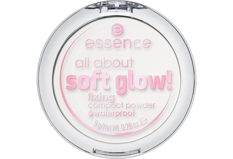 Puder all about soft glow! fixing compact powder waterproof, 3er Pack, wasserfest, langanhaltend, fixierend, leichte Deckkraft van essence in Wit – productfoto 2 van 5