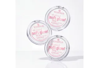 Puder all about soft glow! fixing compact powder waterproof, 3er Pack, wasserfest, langanhaltend, fixierend, leichte Deckkraft van essence in Wit – productfoto 1 van 5