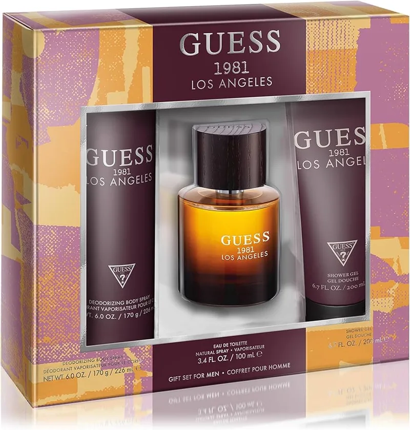 GUESS 1981 Los Angeles Men Homme Eau de Toilette 3 Piece Gift Set - Cologne Spray 3.4 Fl. Oz., Deodorizing Body Spray 6.0 Oz., & Shower Gel 6.7 Fl. Oz. fra Guess – produktbillede