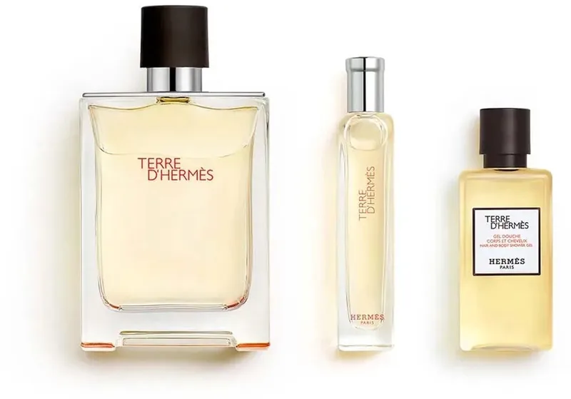 Terre D'Hermes Cadeau Set Voor Mannen - 100ml EDT Spray, 15ml Edt Spray, And 40ml Shower Gel fra Hermès – produktbillede