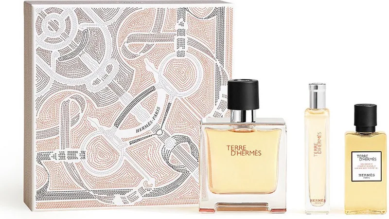 Terre d'Hermès Giftset - 75 ml pure parfum spray + 15 ml pure parfum spray + 40 ml showergel - cadeauset voor heren von Hermès – Produktfoto