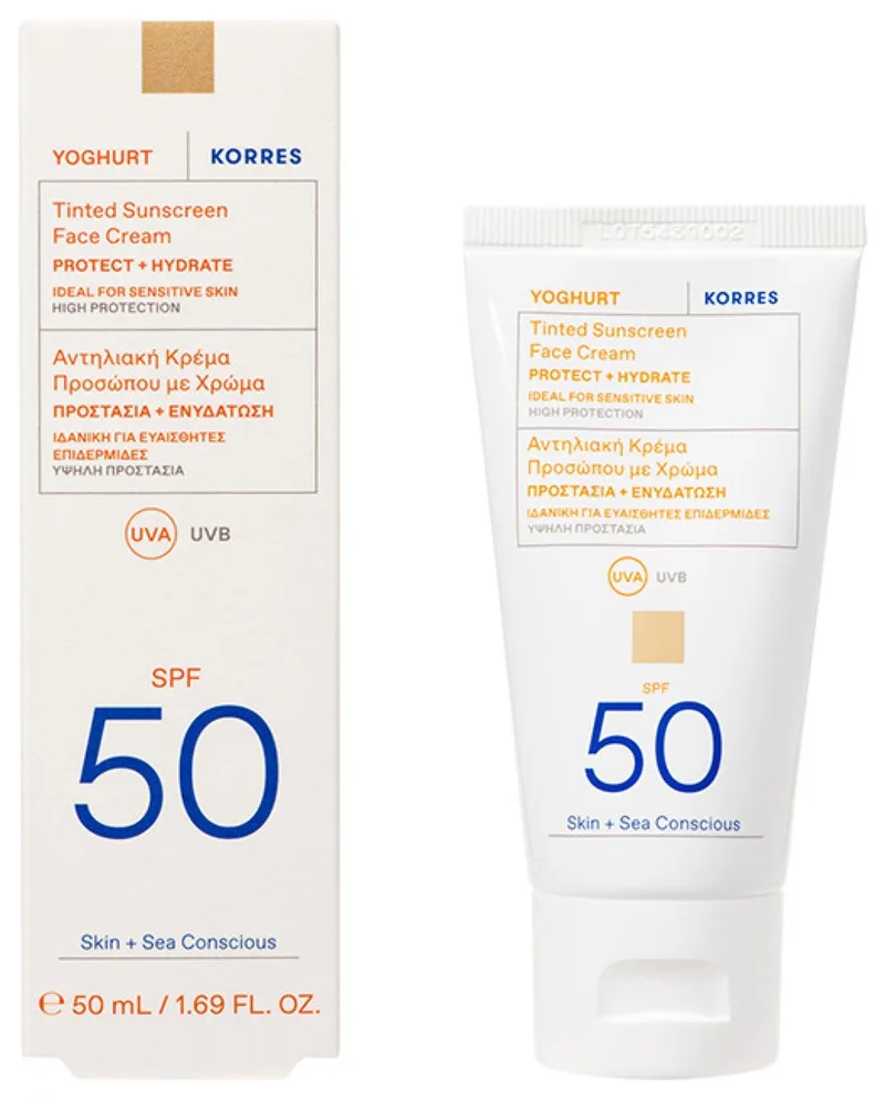 Yoghurt Getinte Zonnebrandcrème voor het Gezicht SPF50 fra Korres i 50 ml – produktbillede