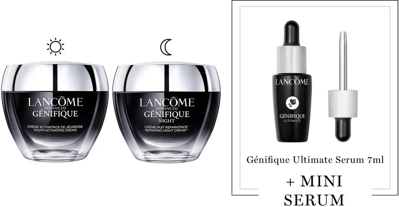 Advanced Génifique 2-Step Anti Rimpel Moisturizer Skincare Routine: Dagcreme | Nachtcreme + Cadeau - Advanced Génifique Dagcreme 50ml & Advanced Génifique Nachtcreme 50ml + Génifique Ultimate Serum 7ml Cadeau fra Lancôme – produktbillede