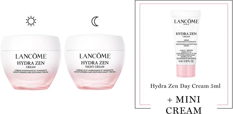 Hydra Zen 2-Step Hydraterende Moisturizer Skincare Routine: Dagcreme | Nachtcreme + Cadeau - Hydra Zen Dagcreme 50ml & Hydra Zen Nachtcreme 50ml + Hydra Zen Dagcreme 5ml Cadeau de Lancôme – photo du produit