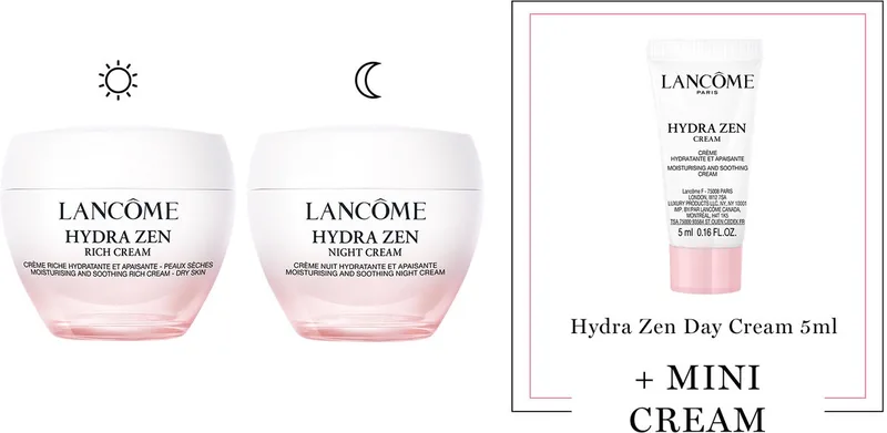 Hydra Zen 2-Step Hydraterende Moisturizer Skincare Routine: Dagcreme | Nachtcreme + Cadeau - Hydra Zen Rich Cream Dagcreme 50ml & Hydra Zen Nachtcreme 50ml + Hydra Zen Dagcreme 5ml Cadeau von Lancôme – Produktfoto
