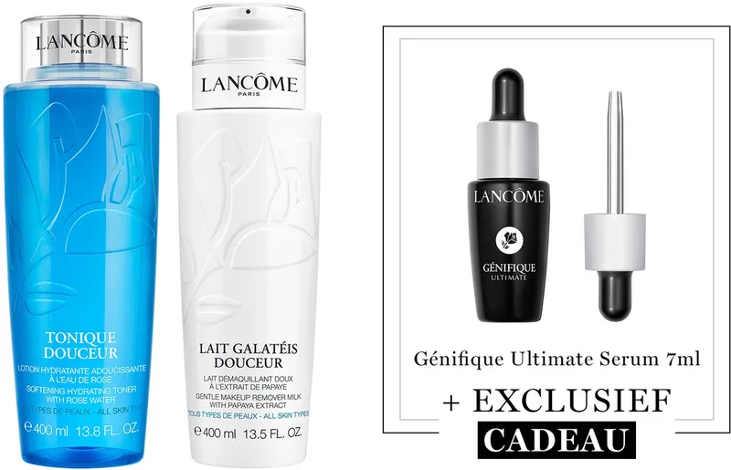 Lancôme 2-Step Gezichtsreiniging Skincare Routine: Make Up Remover | Toner + Cadeau - Galatéis Douceur Face Cleanser 400ml & Tonique Douceur Toner 400ml + Génifique Ultimate Serum 7ml Anti-Aging Moisturizer voor alle Huidtypes Cadeau von Lancôme – Produktfoto