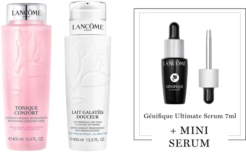 Lancôme 2-Step Gezichtsreiniging Skincare Routine: Make Up Remover | Toner + Cadeau - Galatée Confort Face Cleanser voor Droge Huid 400ml & Tonique Confort Face Toner 400ml + Génifique Ultimate Serum 7ml Anti-Aging Moisturizer Cadeau von Lancôme – Produktfoto