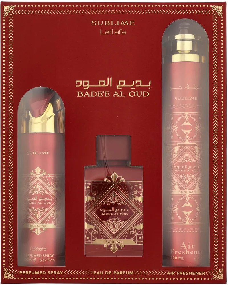 Bade'e Al Oud Sublime Giftset 600 ml - Edp Spray 100ml/Deo Spray 200ml/Air Freshener 300ml fra Lattafa – produktbillede