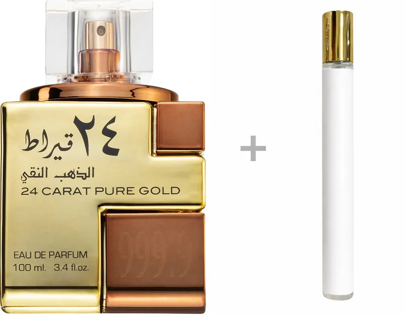 Duft-Set 24 Carat Pure Gold Eau de Parfum (EDP) Damen Herren Spray, Orientalisch-würziger Duft mit Amber, Safran, Zimt und Sandelholz von Lattafa – Produktfoto 2 von 2