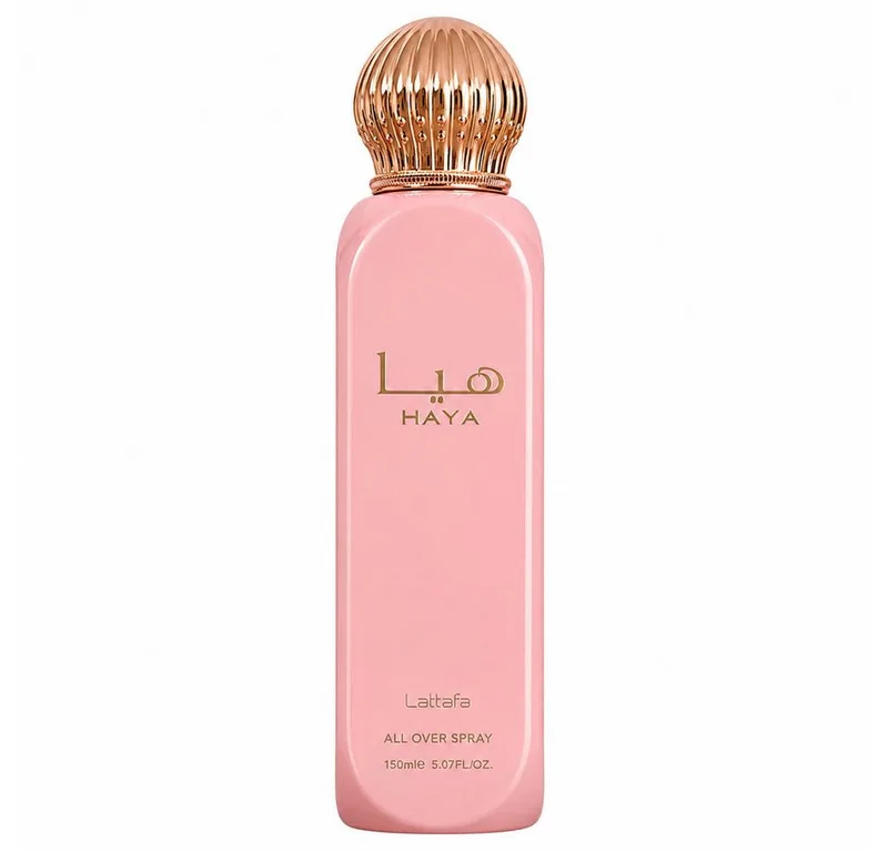 Duft-Set HAYA Pink All Over Spray 150 ml + Parfümzerstäuber (leer) Set von Lattafa – Produktfoto 2 von 4
