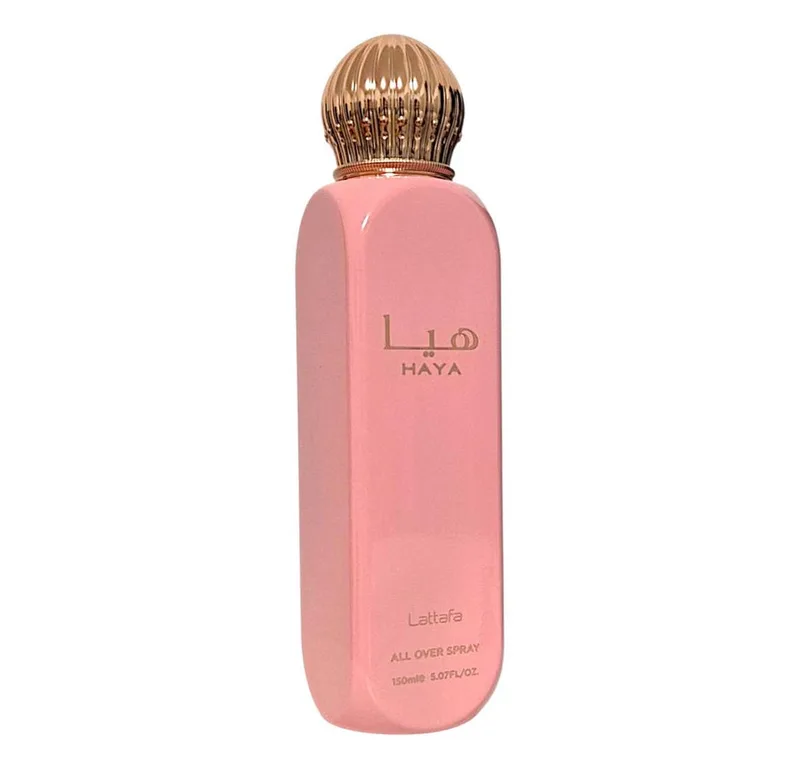 Duft-Set HAYA Pink All Over Spray 150 ml + Parfümzerstäuber (leer) Set von Lattafa – Produktfoto 4 von 4