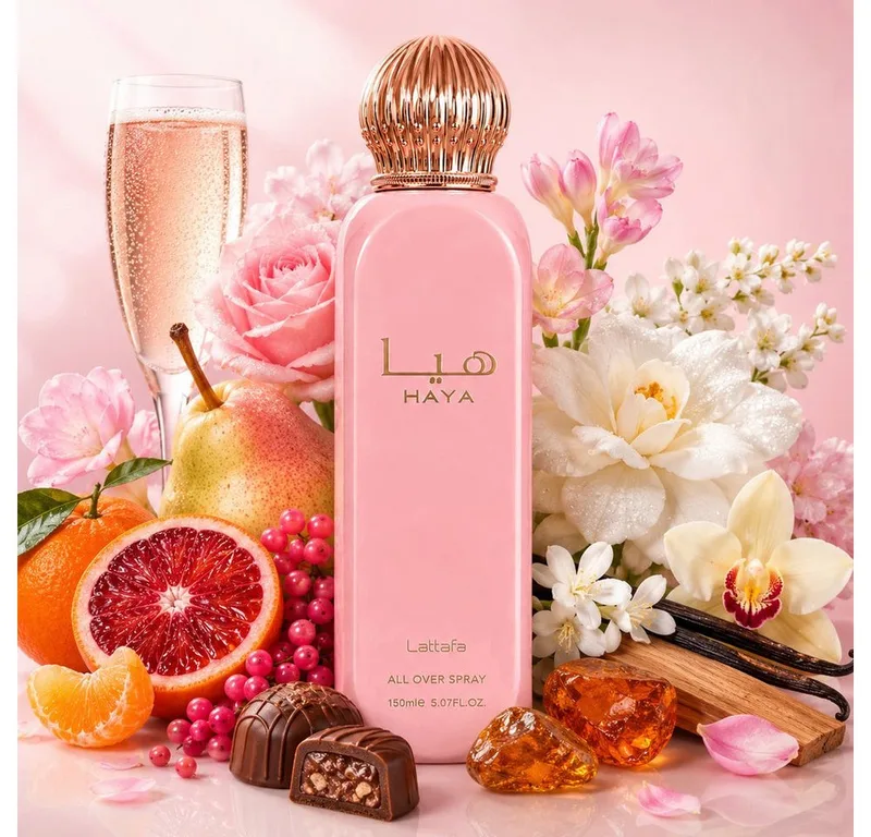 Duft-Set HAYA Pink All Over Spray 150 ml + Parfümzerstäuber (leer) Set von Lattafa – Produktfoto 1 von 4