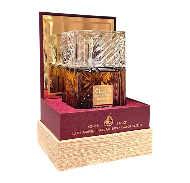 Duft-Set Khamrah Dukhan Khamrah Qahwa EDP 100 ml + Parfümzerstäuber (leer) Set fra Lattafa – produktbillede 1 af 5
