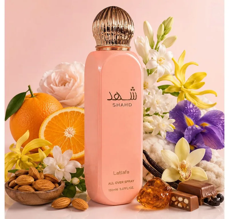 Duft-Set Shahd All Over Spray 150 ml Body Spray + Parfümzerstäuber (leer) Set von Lattafa – Produktfoto 1 von 2