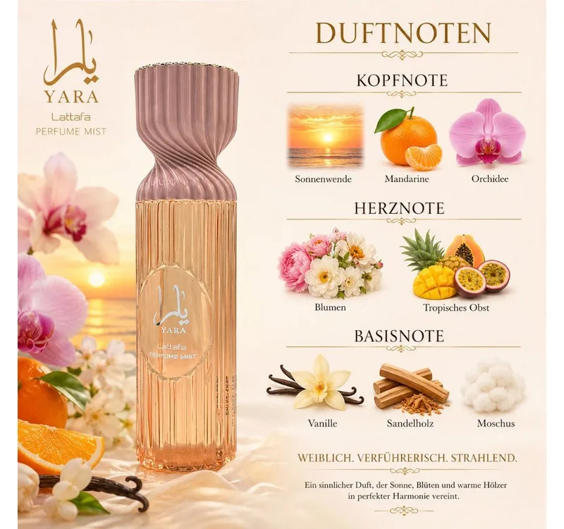 Duft-Set Yara Perfume Mist Körperspray 250 ml + Parfümzerstäuber (leer) fra Lattafa – produktbillede 3 af 3