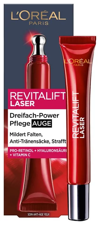Augencreme REVITALIFT LASER X3 ANTI-AGE AUGENPFLEGE, RevitaLift Laser X3 Anti-Age Pflege, wirkt abschwellend, mildert Falten, gegen Falten und Augenringe von L'Oréal Paris in Rot – Produktfoto 1 von 5