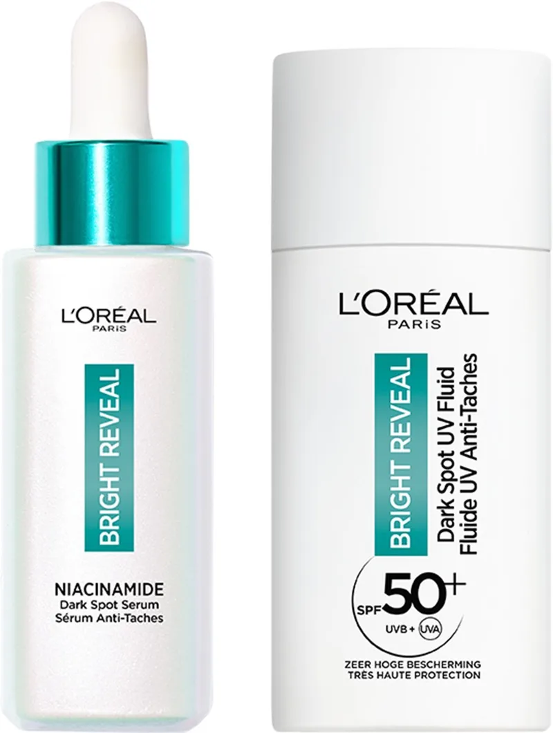 Bright Reveal Niacinamide Serum tegen pigmentvlekken - 30 ml + L'Oréal Bright Reveal Dark Spot UV Fluid Moisturizer met SPF50+ -50 ml von L'Oréal Paris – Produktfoto
