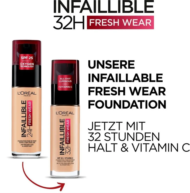 Foundation INFAILLIBLE 32H FRESH WEAR MAKE-UP FOUNDATION, wirkt bis zu 32 Stunden lang wie frisch aufgetragen fra L'Oréal Paris i Brun – produktbillede 3 af 3