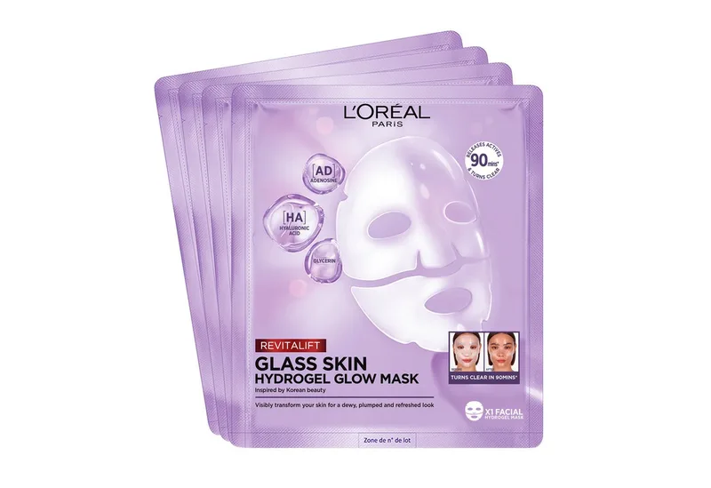 Gesichtsmaske REVITALIFT GLASS SKIN HYDROGEL GLOW MASK Set, 4-tlg., für aufgepolsterte & glowy Haut von L'Oréal Paris in Lila – Produktfoto 1 von 3